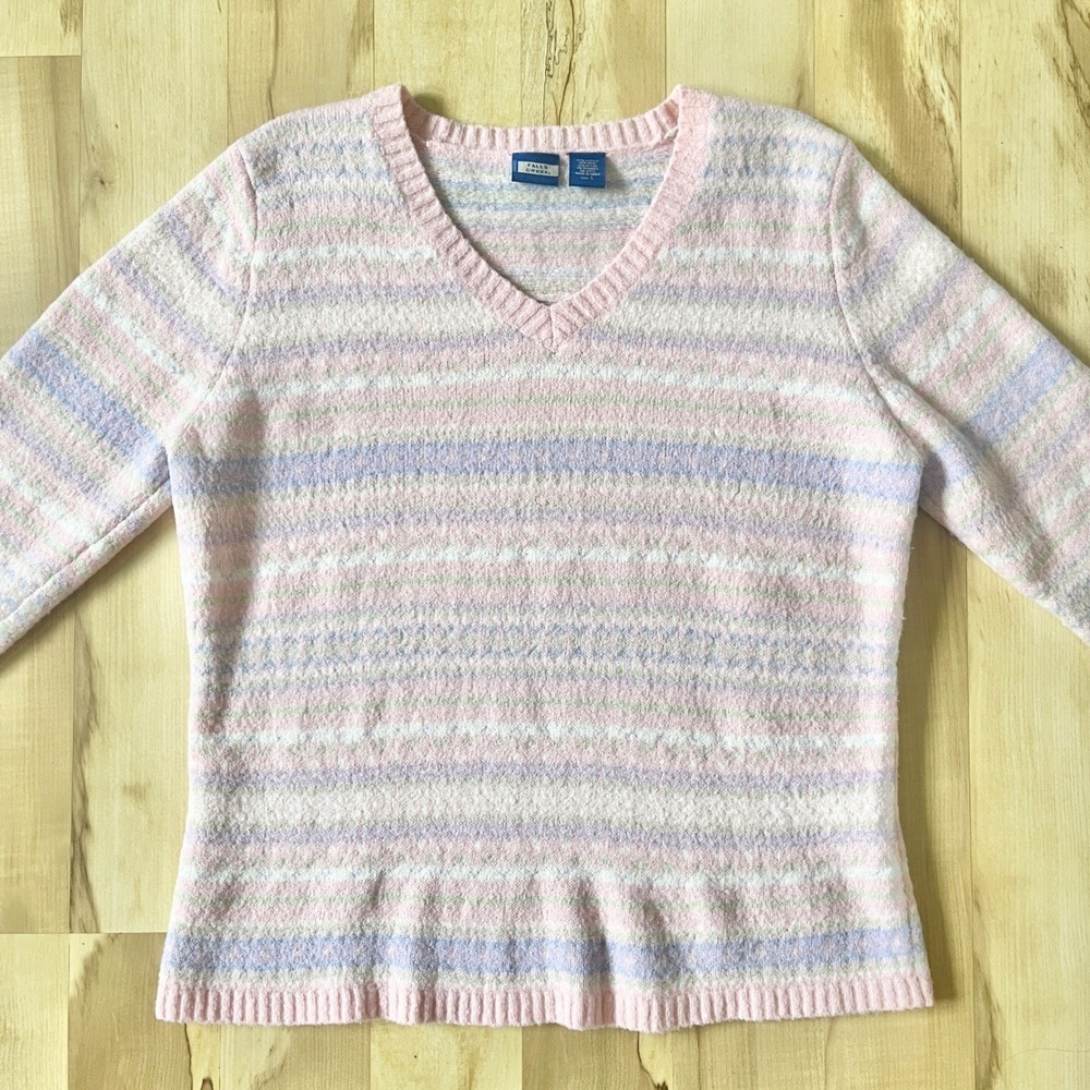 Vintage Sweater Women's Large Pastel Fair Isle Striped Pink Lilac Wool Blend 90s